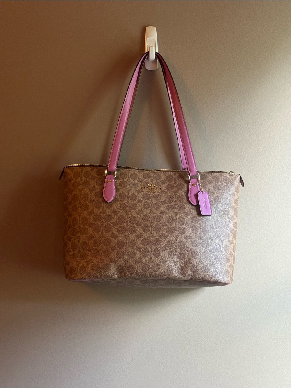 Coach Signature Canvas Tote with Pink Handles